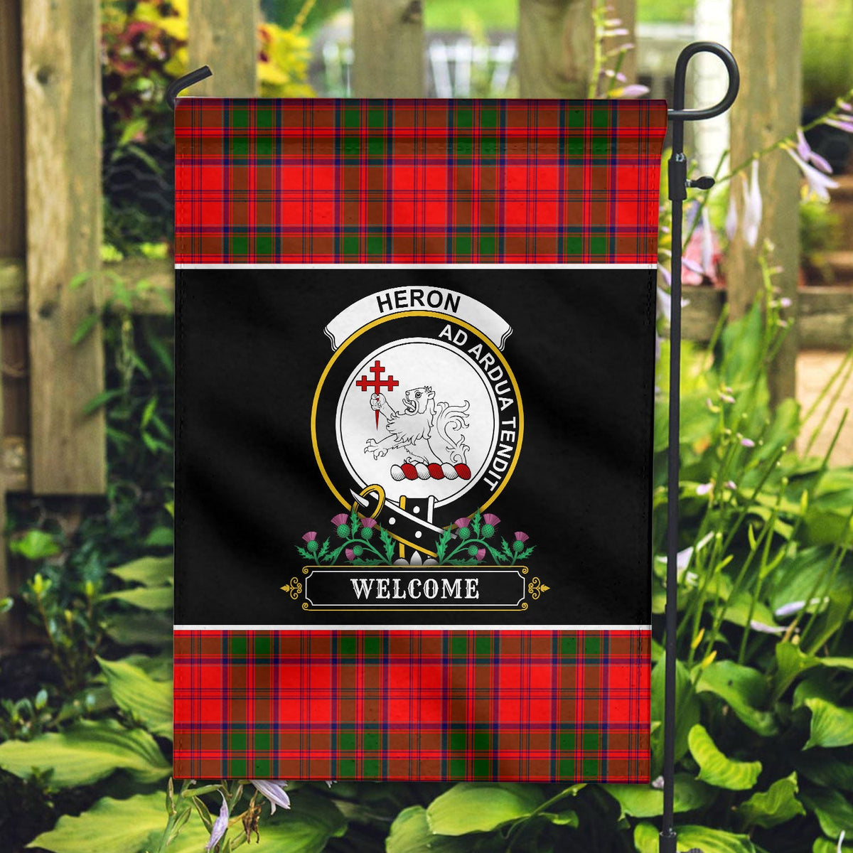 Clan Heron Tartan Crest Garden Flag  - Welcome  CZ28 Clan Heron Tartan Today   