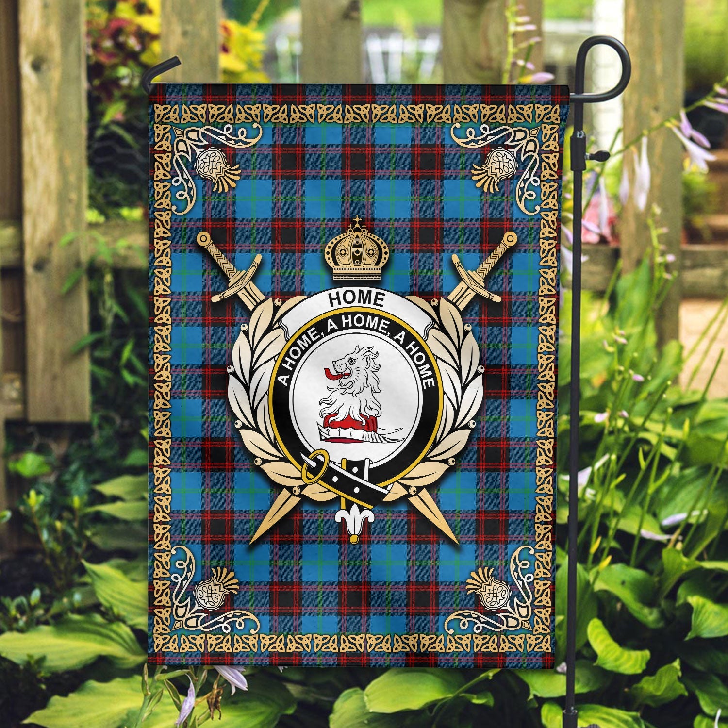 Clan Home Ancient Tartan Crest Garden Flag  - Celtic Thistle  PM21 Clan Home/Hume Tartan Today   