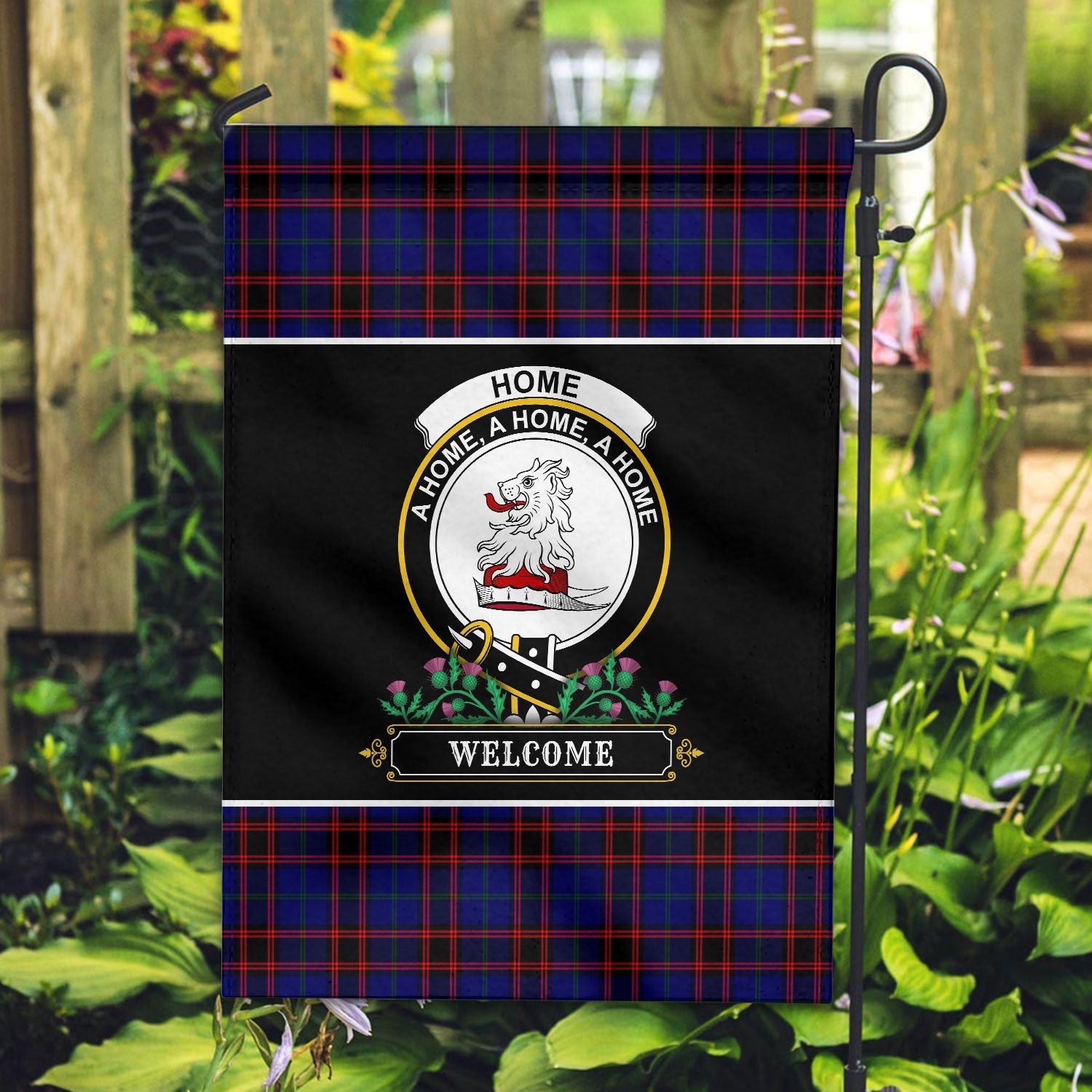 Clan Home Modern Tartan Crest Garden Flag  - Welcome  LE50 Clan Home/Hume Tartan Today   