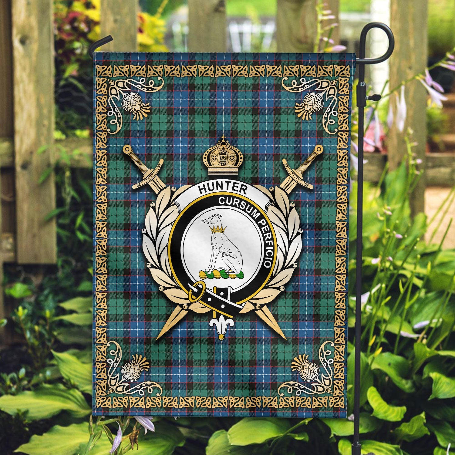 Clan Hunter Ancient Tartan Crest Garden Flag  - Celtic Thistle  RB82 Clan Hunter Tartan Today   