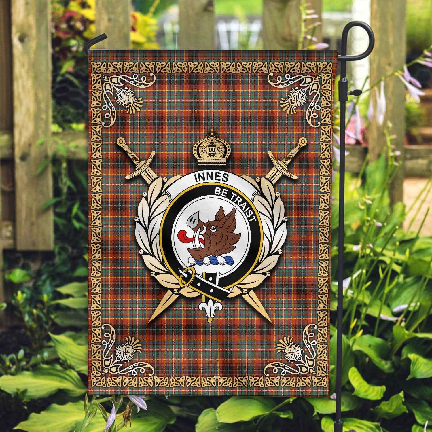 Clan Innes Ancient Tartan Crest Garden Flag  - Celtic Thistle  ZF14 Clan Innes Tartan Today   