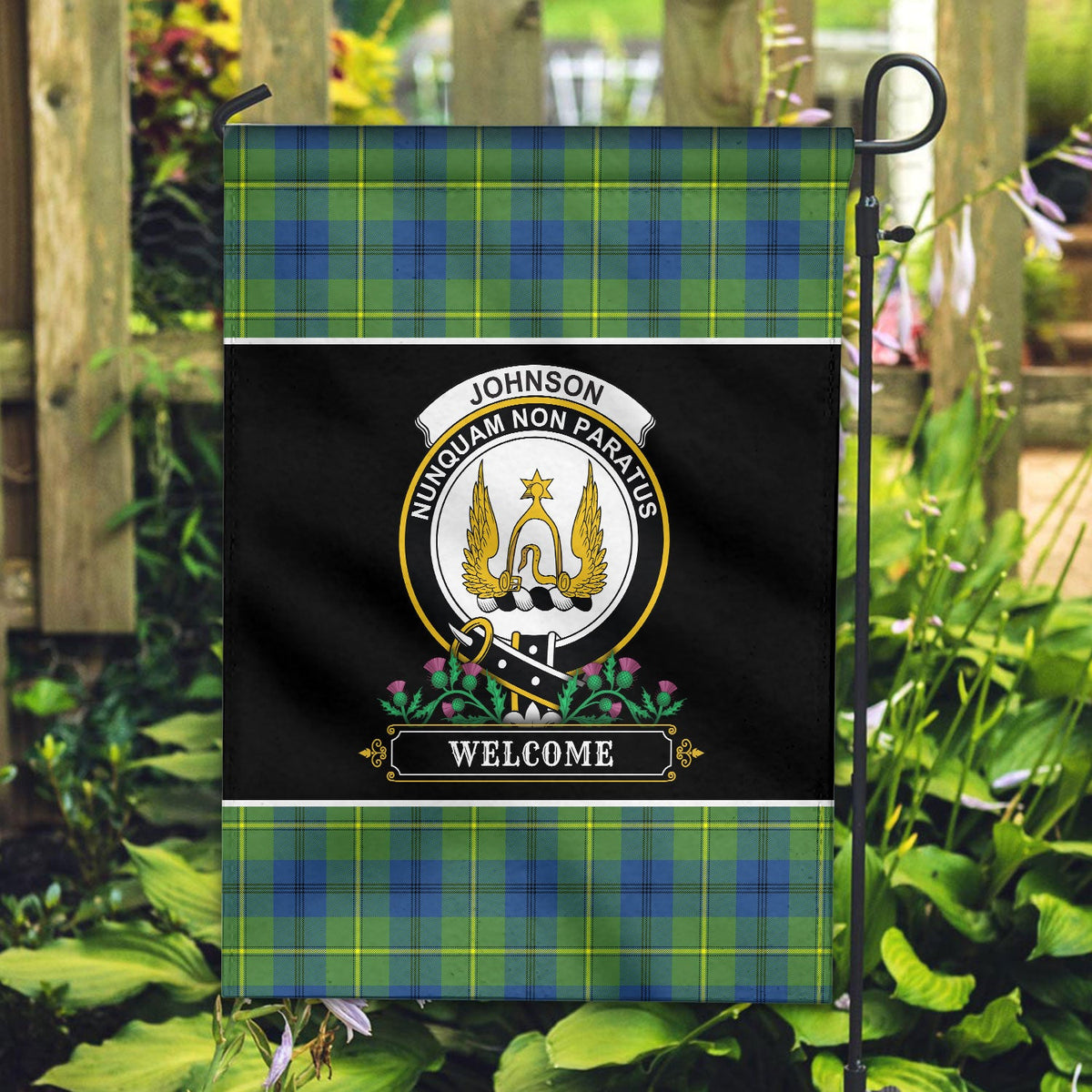 Clan Johnson Ancient Tartan Crest Garden Flag  - Welcome  OV62 Clan Garden Tartan Today   