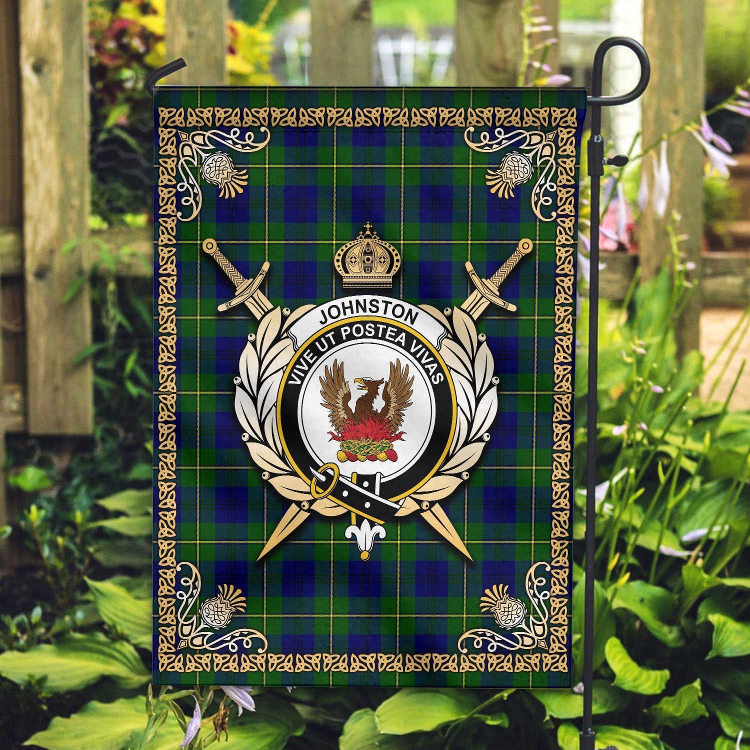 Clan Johnston of Caskieben Modern Tartan Crest Garden Flag  - Celtic Thistle  BH40 Clan Johnston Tartan Today   