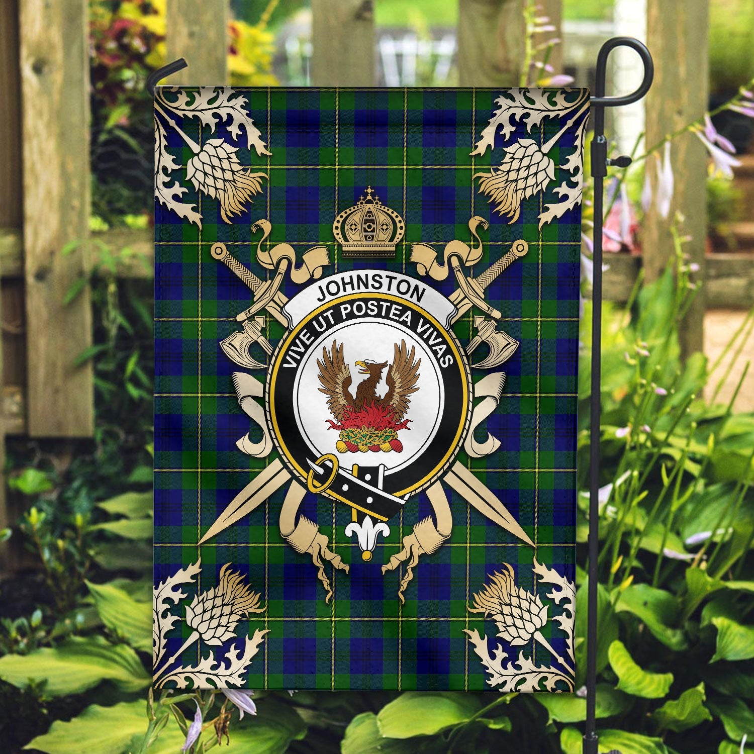 Clan Johnston of Caskieben Modern Tartan Crest Black Garden Flag  - Gold Thistle  KB44 Clan Johnston Tartan Today   