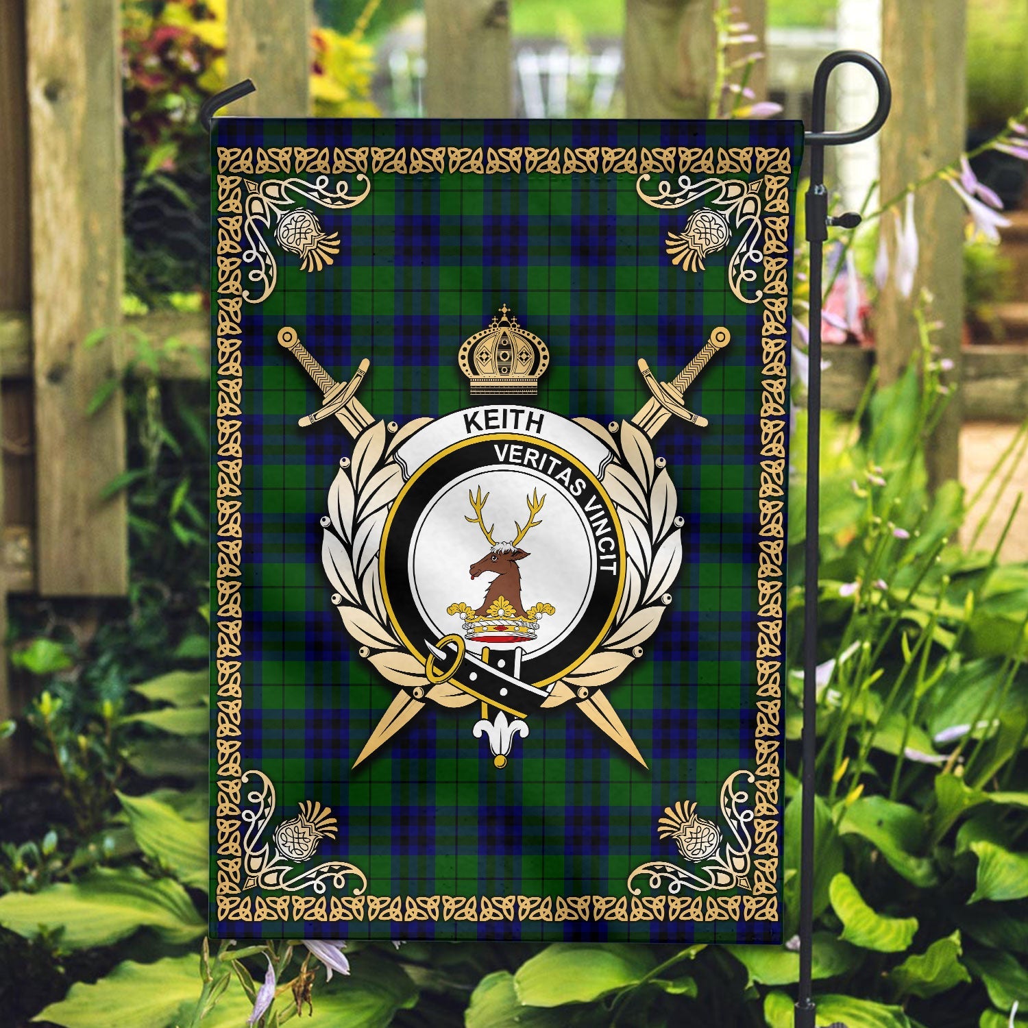 Clan Keith Modern Tartan Crest Garden Flag  - Celtic Thistle  LT72 Clan Keith Tartan Today   