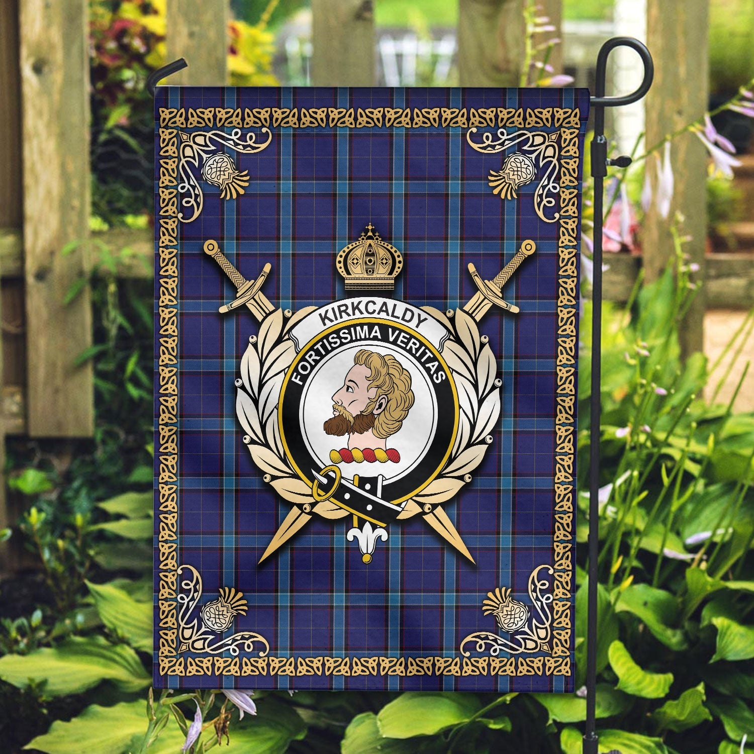 Clan Kirkcaldy Tartan Crest Garden Flag  - Celtic Thistle  DT86 Clan Kirk Tartan Today   