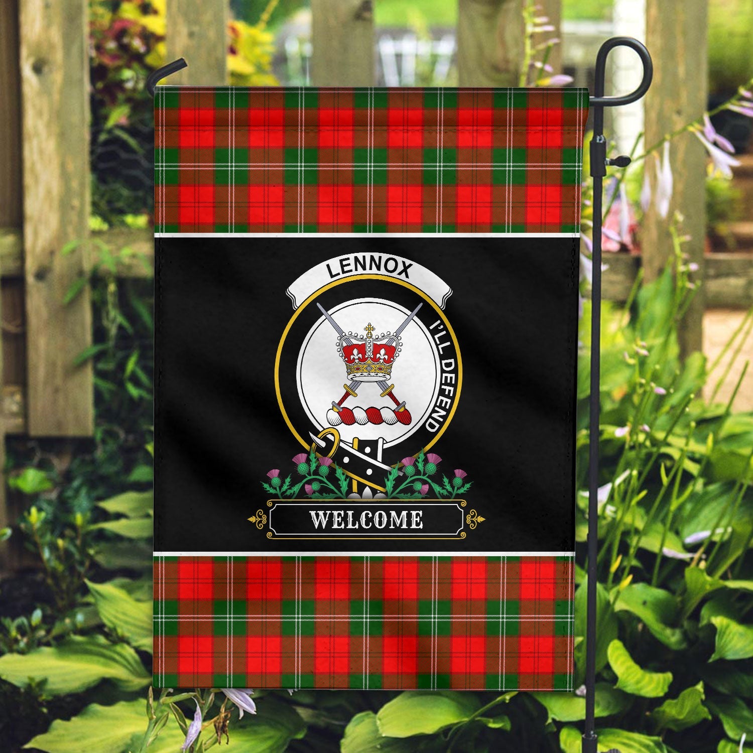 Clan Lennox (Lennox Kincaid) Tartan Crest Garden Flag  - Welcome  HK99 Clan Lennox Tartan Today   