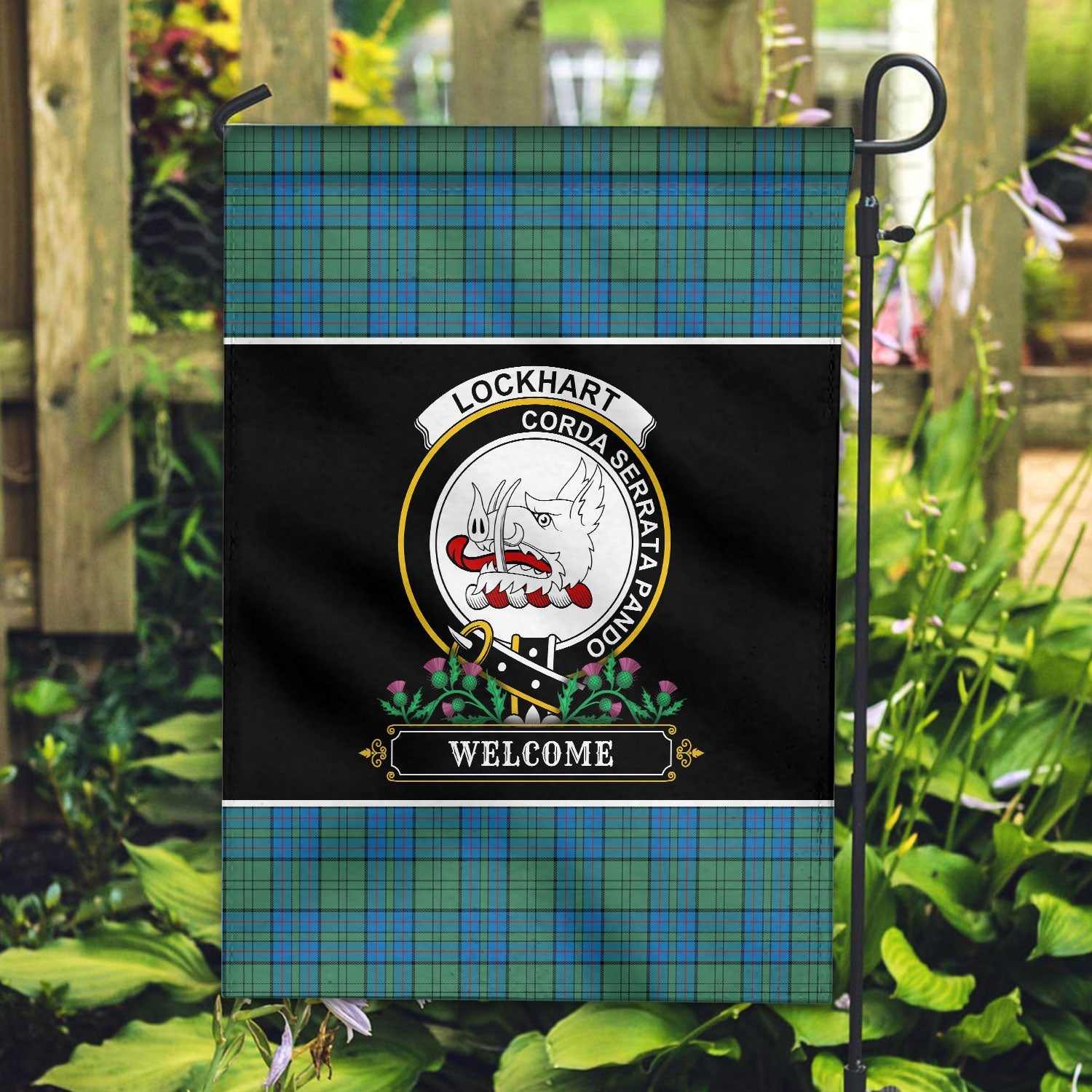 Clan Lockhart Tartan Crest Garden Flag  - Welcome  FP12 Clan Lockhart Tartan Today   