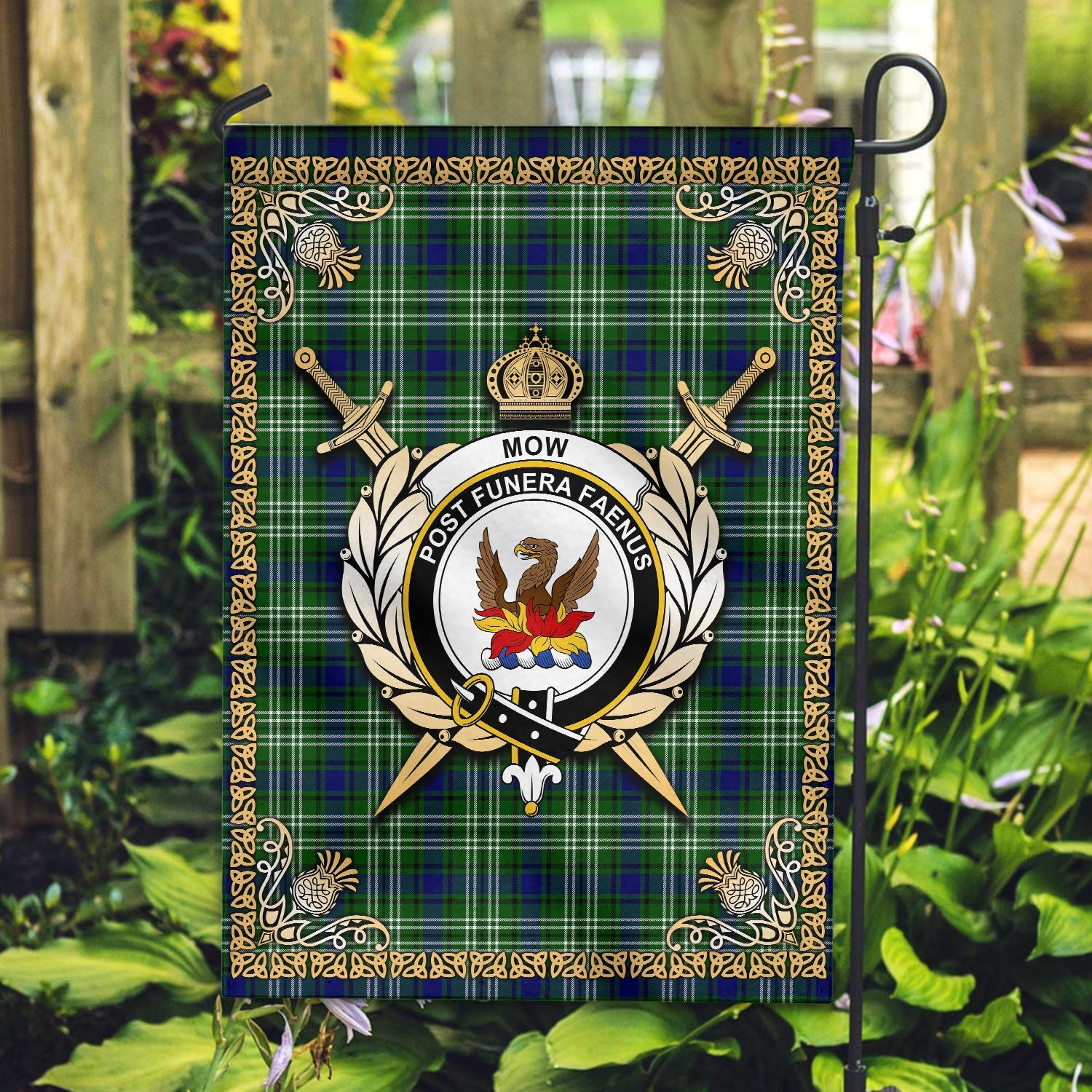 Clan Mow Tartan Crest Garden Flag  - Celtic Thistle  SE47 Clan Mow Tartan Today   