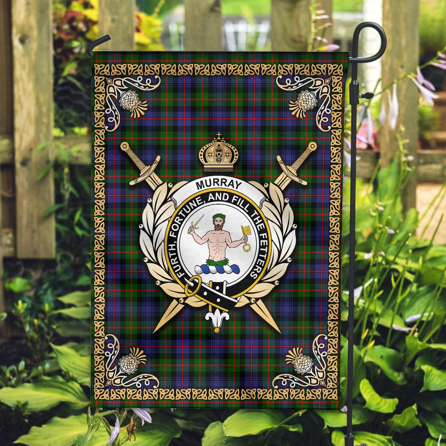 Clan Murray of Atholl Modern Tartan Crest Garden Flag  - Celtic Thistle  OY24 Clan Murray Tartan Today   