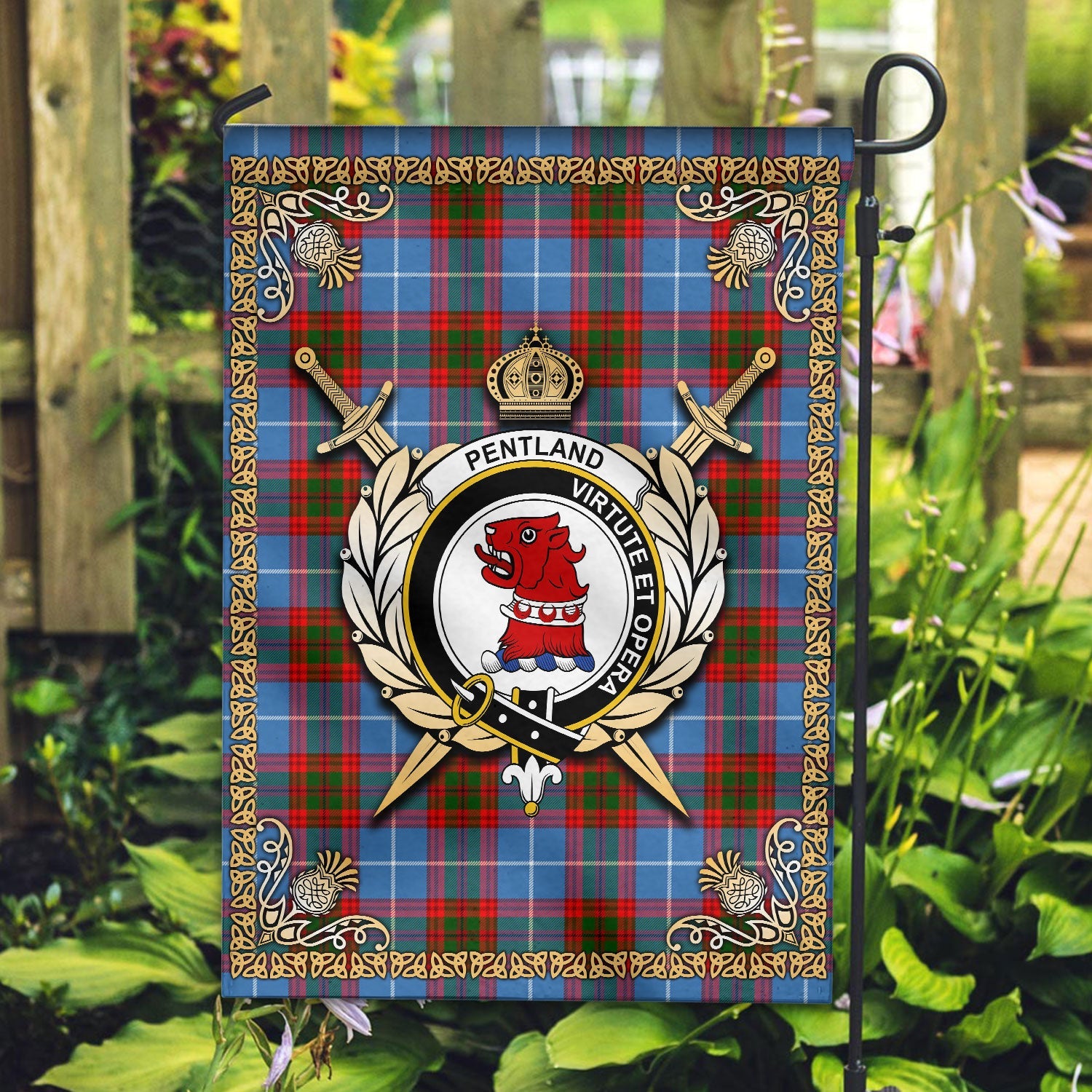 Clan Pentland Tartan Crest Garden Flag  - Celtic Thistle  FN29 Clan Pentland Tartan Today   