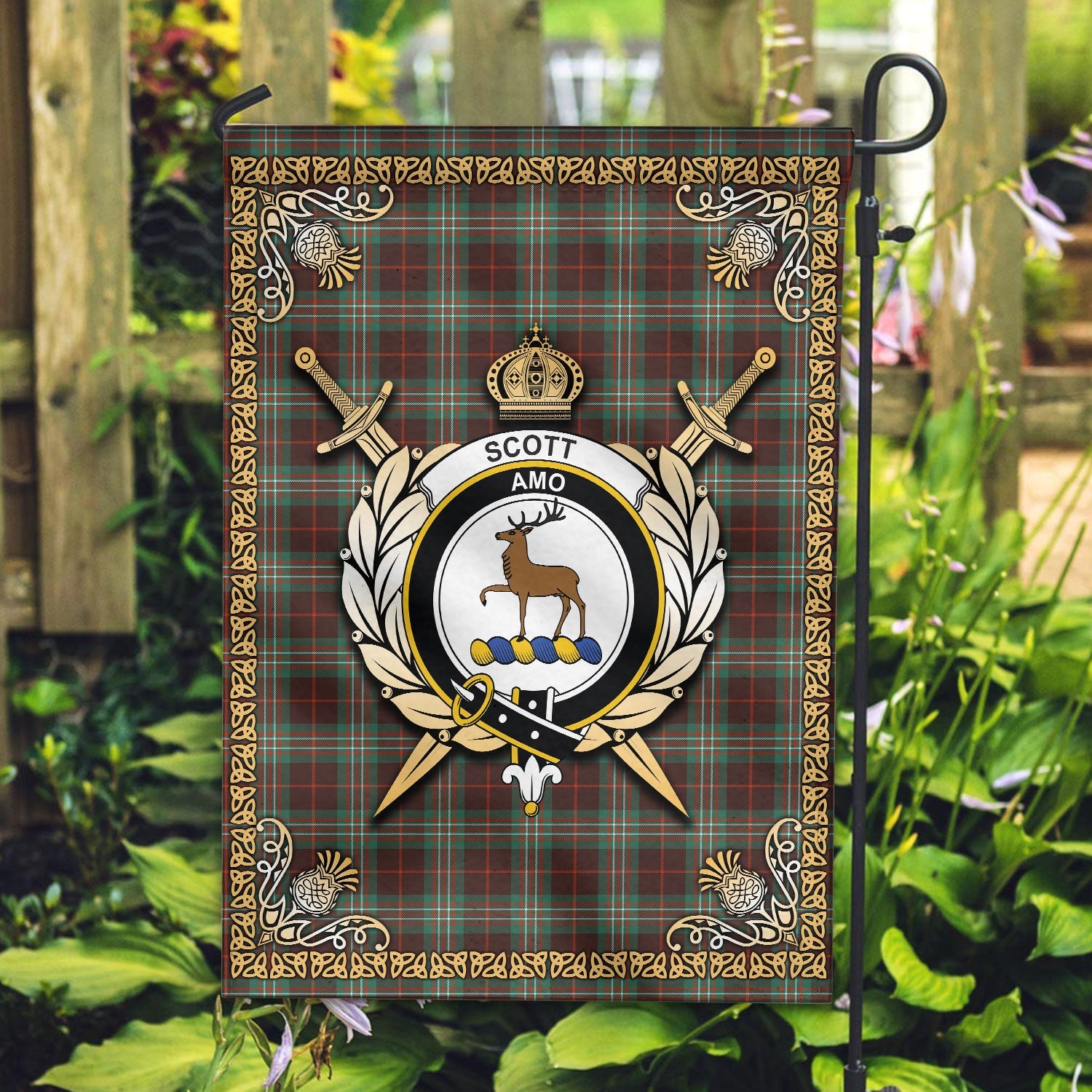 Clan Scott Brown Ancient Tartan Crest Garden Flag  - Celtic Thistle  RL79 Clan Scott (Scott Tartan) Tartan Today   