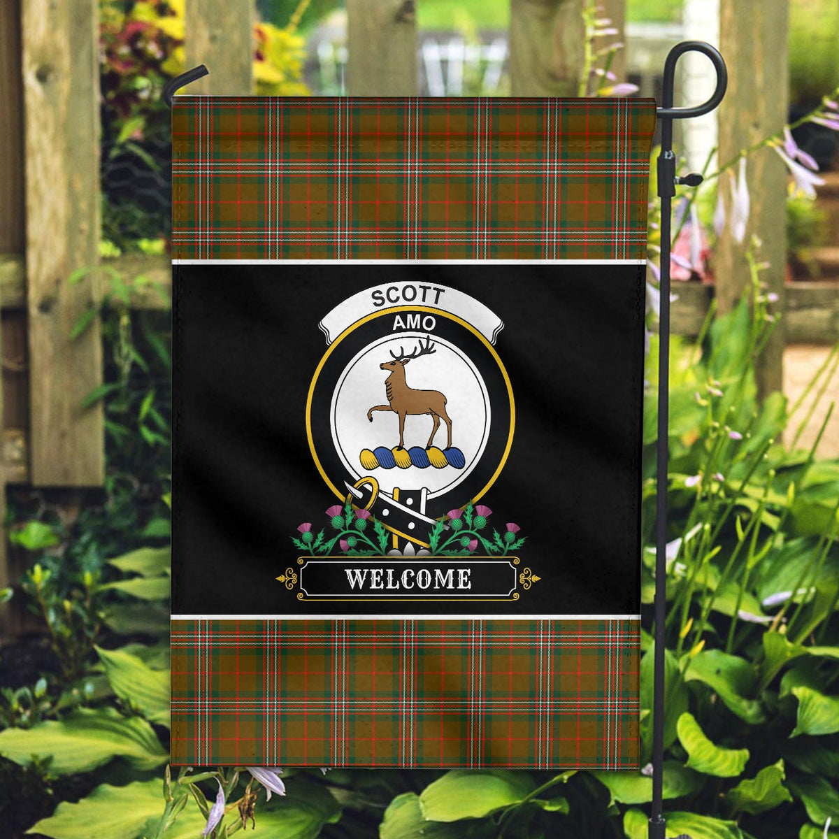 Clan Scott Brown Modern Tartan Crest Garden Flag  - Welcome  QJ31 Clan Scott (Scott Tartan) Tartan Today   