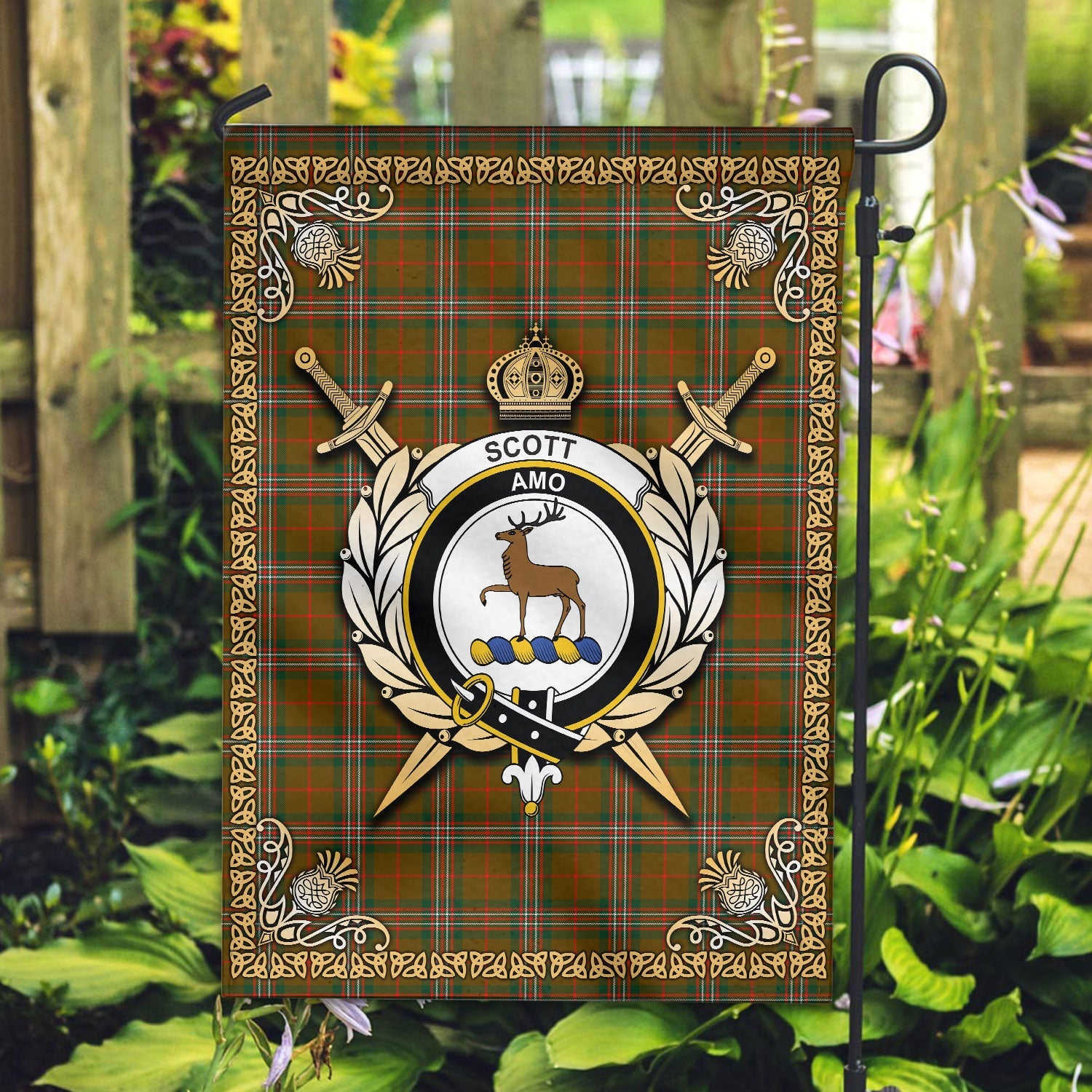 Clan Scott Brown Modern Tartan Crest Garden Flag  - Celtic Thistle  VJ47 Clan Scott (Scott Tartan) Tartan Today   