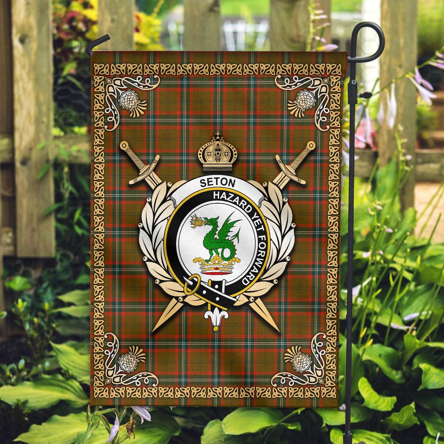 Clan Seton Hunting Modern Tartan Crest Garden Flag  - Celtic Thistle  JD73 Clan Seton Tartan Today   