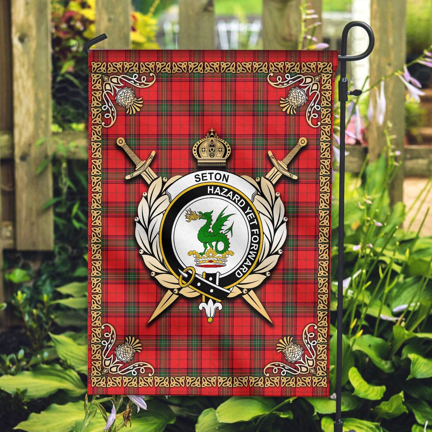 Clan Seton Modern Tartan Crest Garden Flag  - Celtic Thistle  AA24 Clan Seton Tartan Today   