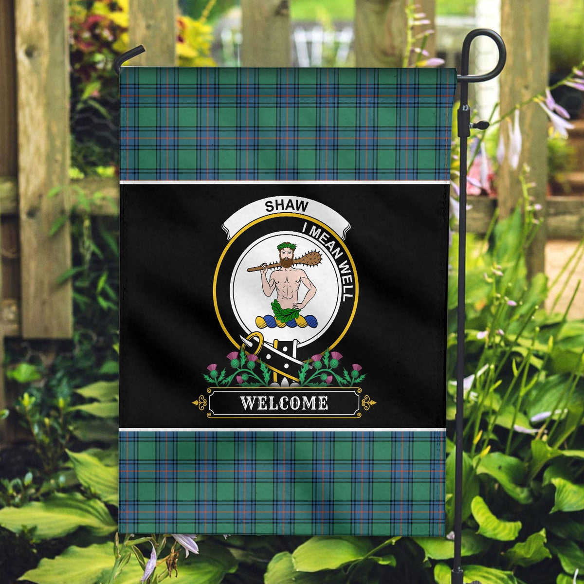 Clan Shaw (of Sauchie) Tartan Crest Garden Flag  - Welcome  QQ24 Clan Shaw Tartan Today   