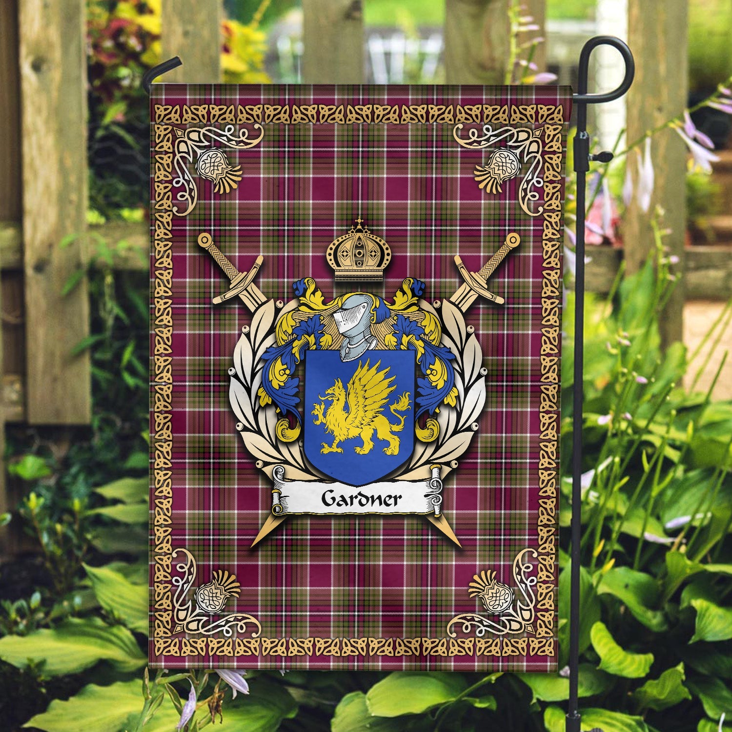 Clan Gardner Tartan Crest Garden Flag  - Celtic Thistle  QI73 Clan Garden Tartan Today   