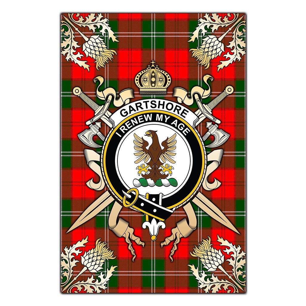 Clan Gartshore Tartan Crest Black Garden Flag  - Gold Thistle  DQ60 Clan Gartshore Tartan Today   