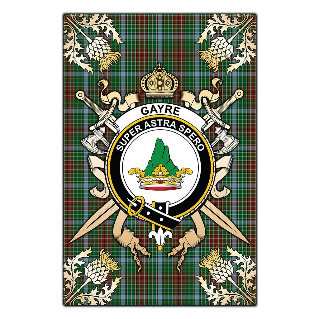 Clan Gayre Tartan Crest Black Garden Flag  - Gold Thistle  DZ74 Clan Gayre Tartan Today   