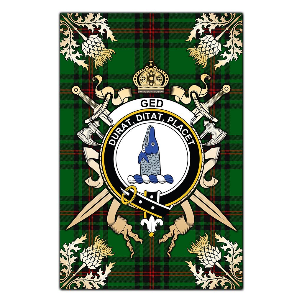 Clan Ged Tartan Crest Black Garden Flag  - Gold Thistle  BN99 Clan Ged Tartan Today   