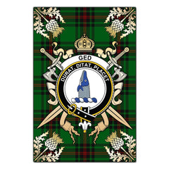 Clan Ged Tartan Crest Black Garden Flag  - Gold Thistle  BN99 Clan Ged Tartan Today   