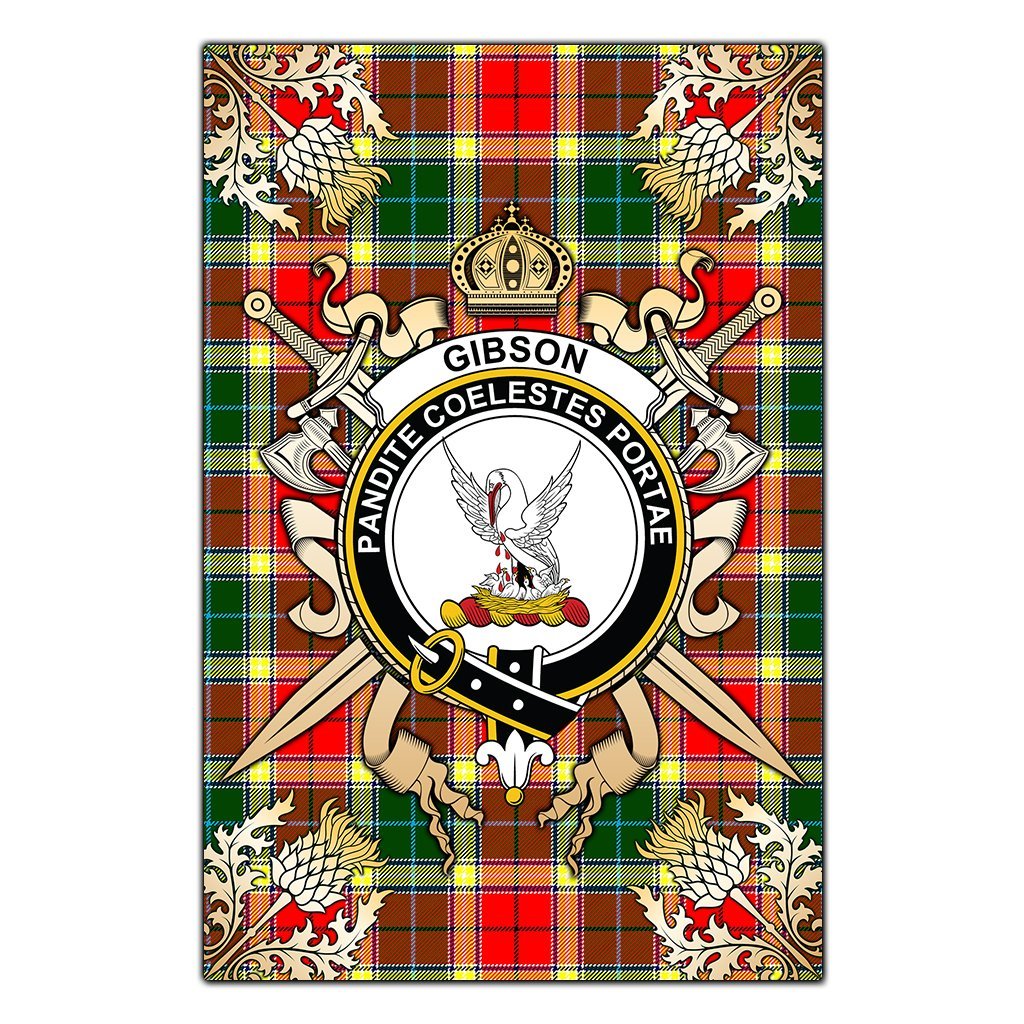 Clan Gibson Tartan Crest Black Garden Flag  - Gold Thistle  NS46 Clan Garden Tartan Today   