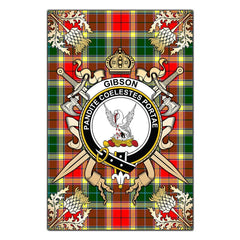 Clan Gibson Tartan Crest Black Garden Flag  - Gold Thistle  NS46 Clan Garden Tartan Today   