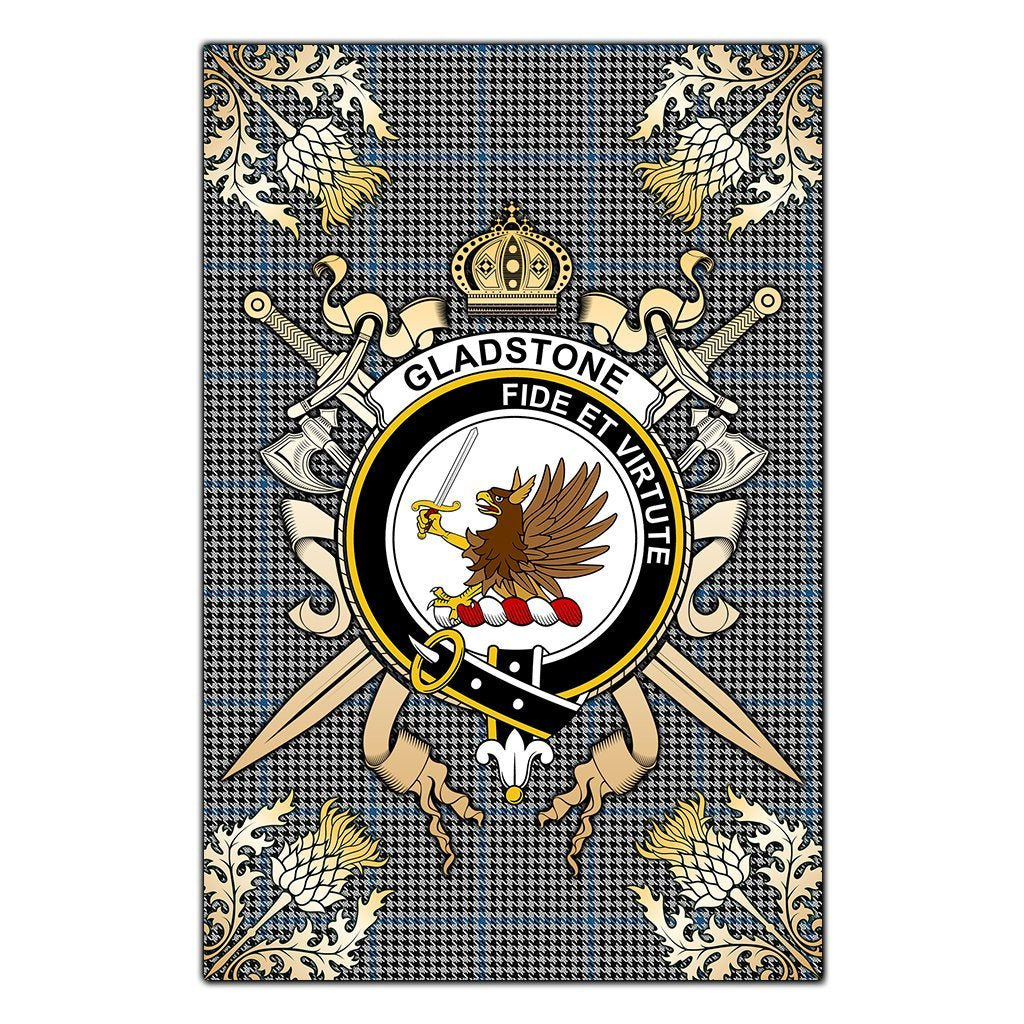 Clan Gladstone Tartan Crest Black Garden Flag  - Gold Thistle  DB71 Clan Garden Tartan Today   