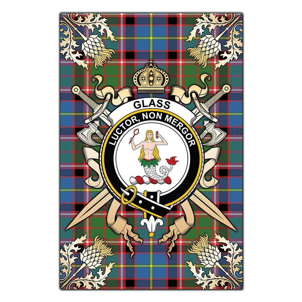 Clan Glass Tartan Crest Black Garden Flag  - Gold Thistle  BO72 Clan Glass Tartan Today   