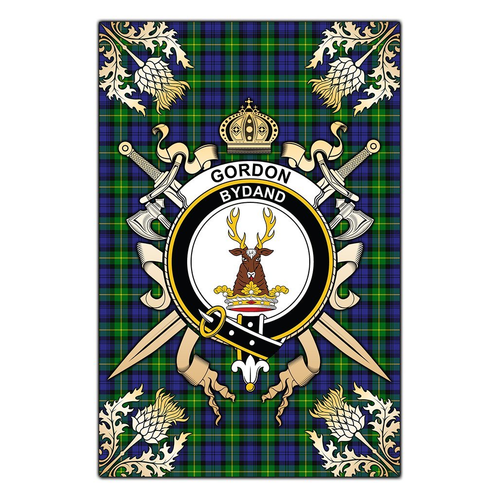 Clan Gordon Modern Tartan Crest Black Garden Flag  - Gold Thistle  AJ62 Clan Gordon Tartan Today   