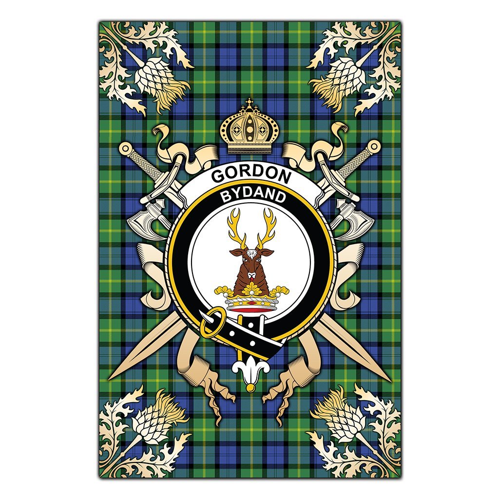 Clan Gordon Old Ancient Tartan Crest Black Garden Flag  - Gold Thistle  VU65 Clan Gordon Tartan Today   