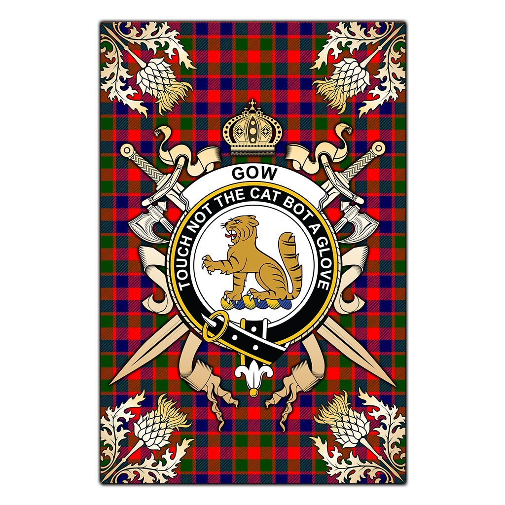 Clan Gow Modern Tartan Crest Black Garden Flag  - Gold Thistle  FJ82 Clan Gow Tartan Today   