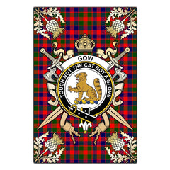 Clan Gow Modern Tartan Crest Black Garden Flag  - Gold Thistle  FJ82 Clan Gow Tartan Today   