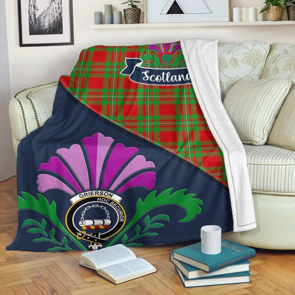 Clan Grierson Tartan Crest Premium Blanket Thistle Style BP43 Clan Grierson Tartan Today   