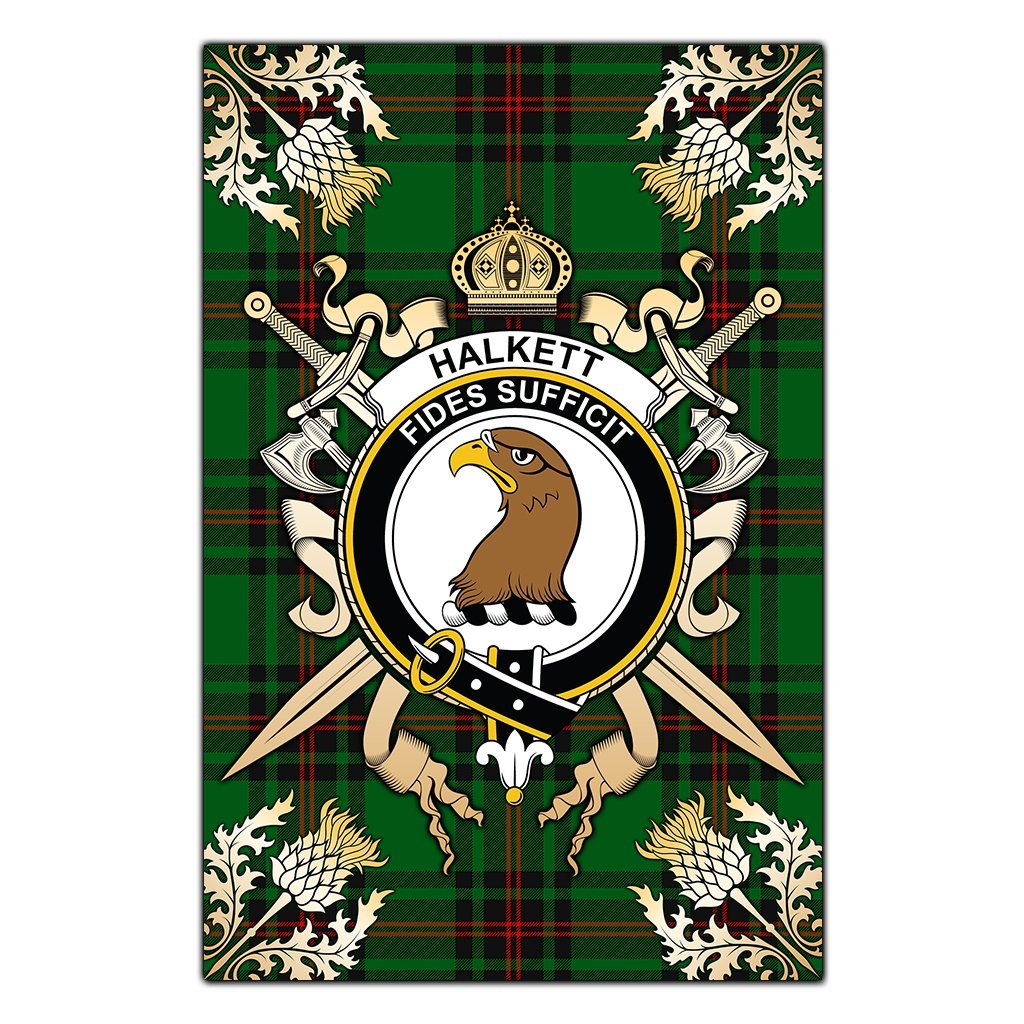 Clan Halkett Tartan Crest Black Garden Flag  - Gold Thistle  FZ44 Clan Halkett Tartan Today   