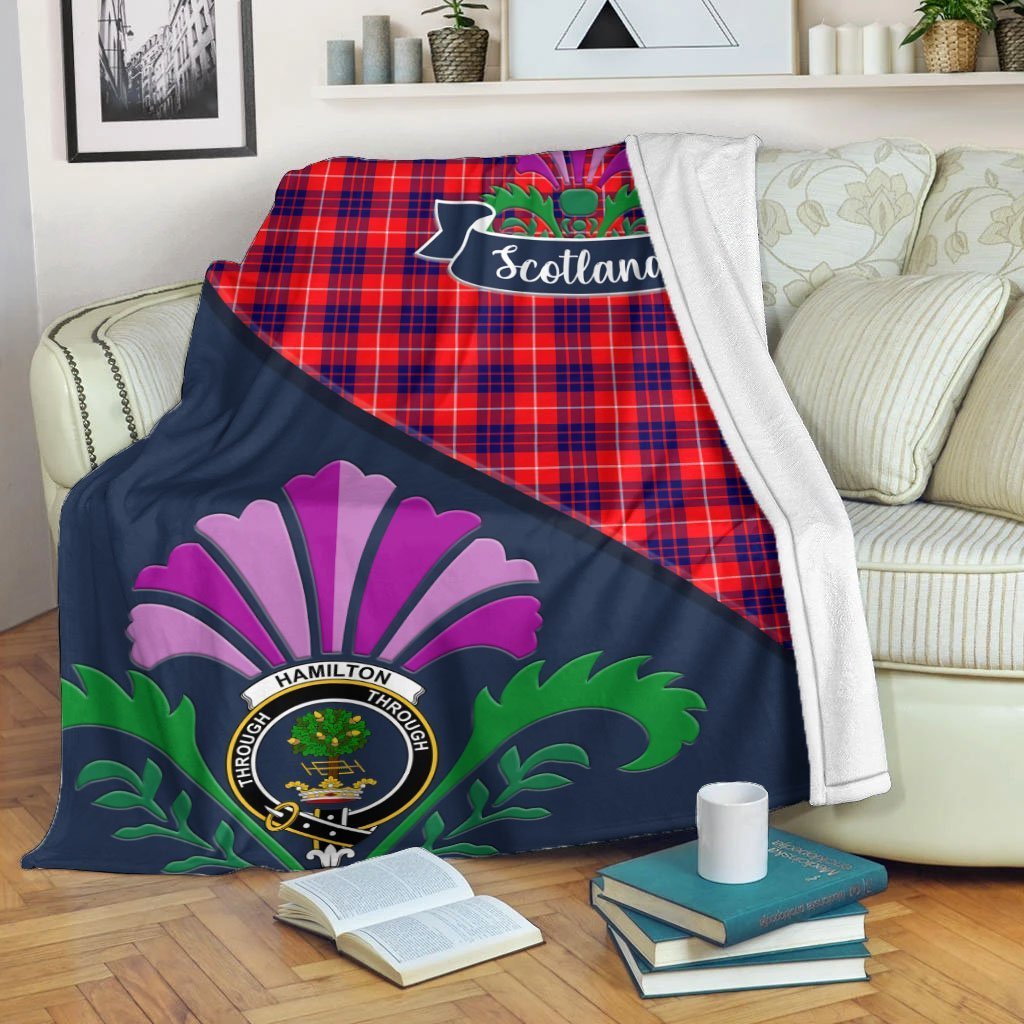 Clan Hamilton Tartan Crest Premium Blanket Thistle Style PK72 Clan Hamilton Tartan Today   