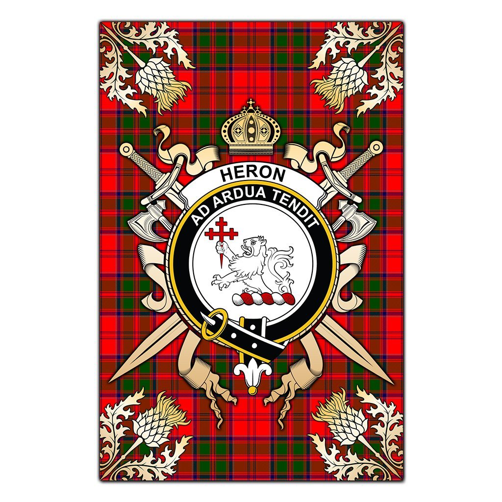 Clan Heron Tartan Crest Black Garden Flag  - Gold Thistle  GN48 Clan Heron Tartan Today   