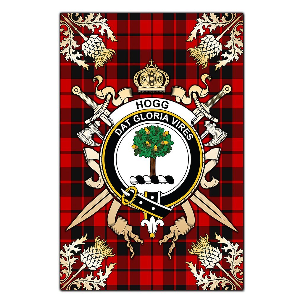 Clan Hogg Tartan Crest Black Garden Flag  - Gold Thistle  IS54 Clan Hogg Tartan Today   