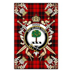 Clan Hogg Tartan Crest Black Garden Flag  - Gold Thistle  IS54 Clan Hogg Tartan Today   