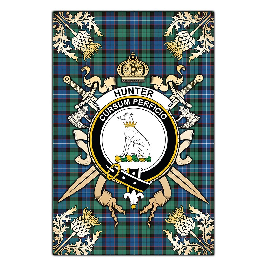 Clan Hunter Ancient Tartan Crest Black Garden Flag  - Gold Thistle  PX67 Clan Hunter Tartan Today   