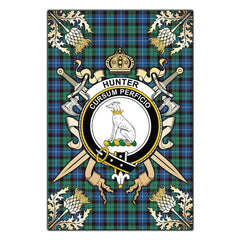 Clan Hunter Ancient Tartan Crest Black Garden Flag  - Gold Thistle  PX67 Clan Hunter Tartan Today   