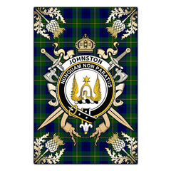 Clan Johnston Modern Tartan Crest Black Garden Flag  - Gold Thistle  BL95 Clan Johnston Tartan Today   