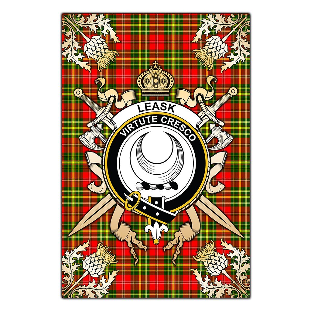 Clan Leask Tartan Crest Black Garden Flag  - Gold Thistle  NN97 Clan Leask Tartan Today   