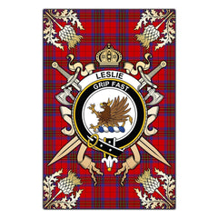 Clan Leslie Modern Tartan Crest Black Garden Flag  - Gold Thistle  UZ92 Clan Leslie Tartan Today   