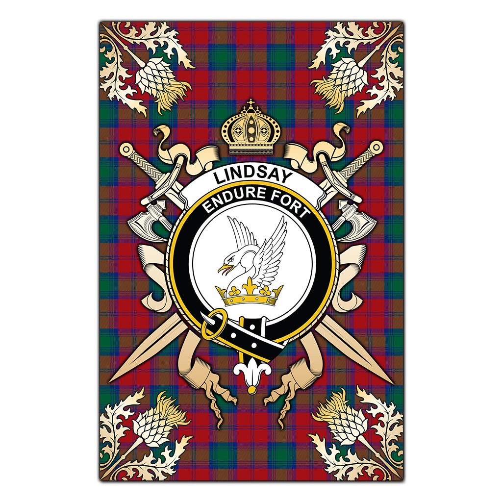 Clan Lindsay Modern Tartan Crest Black Garden Flag  - Gold Thistle  PR32 Clan Lindsay Tartan Today   