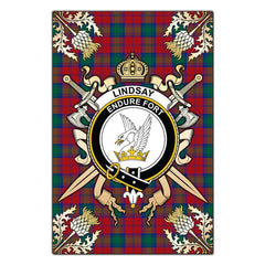 Clan Lindsay Modern Tartan Crest Black Garden Flag  - Gold Thistle  PR32 Clan Lindsay Tartan Today   