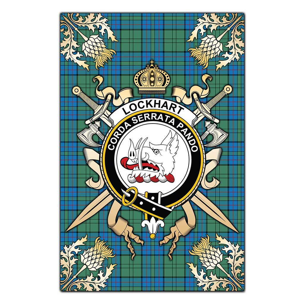 Clan Lockhart Tartan Crest Black Garden Flag  - Gold Thistle  HY54 Clan Lockhart Tartan Today   