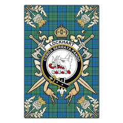 Clan Lockhart Tartan Crest Black Garden Flag  - Gold Thistle  HY54 Clan Lockhart Tartan Today   