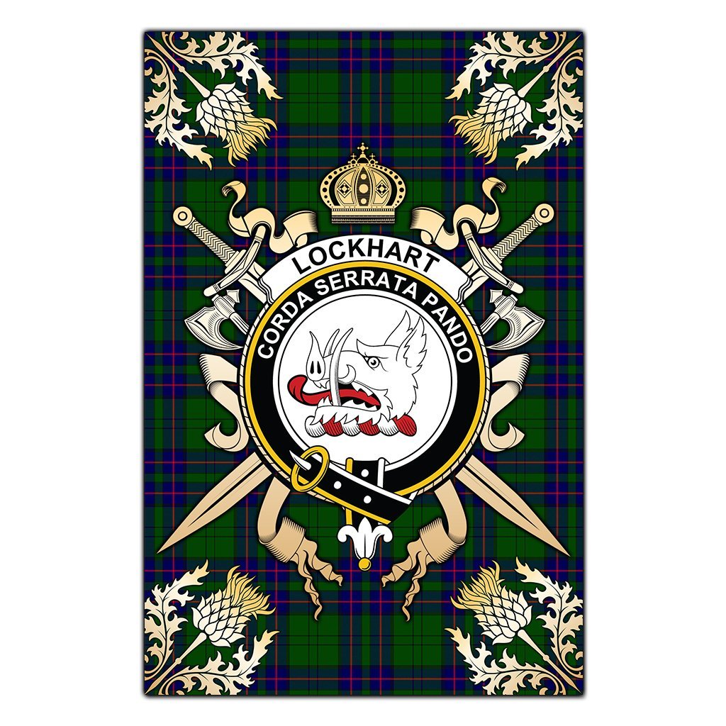 Clan Lockhart Modern Tartan Crest Black Garden Flag  - Gold Thistle  BH89 Clan Lockhart Tartan Today   